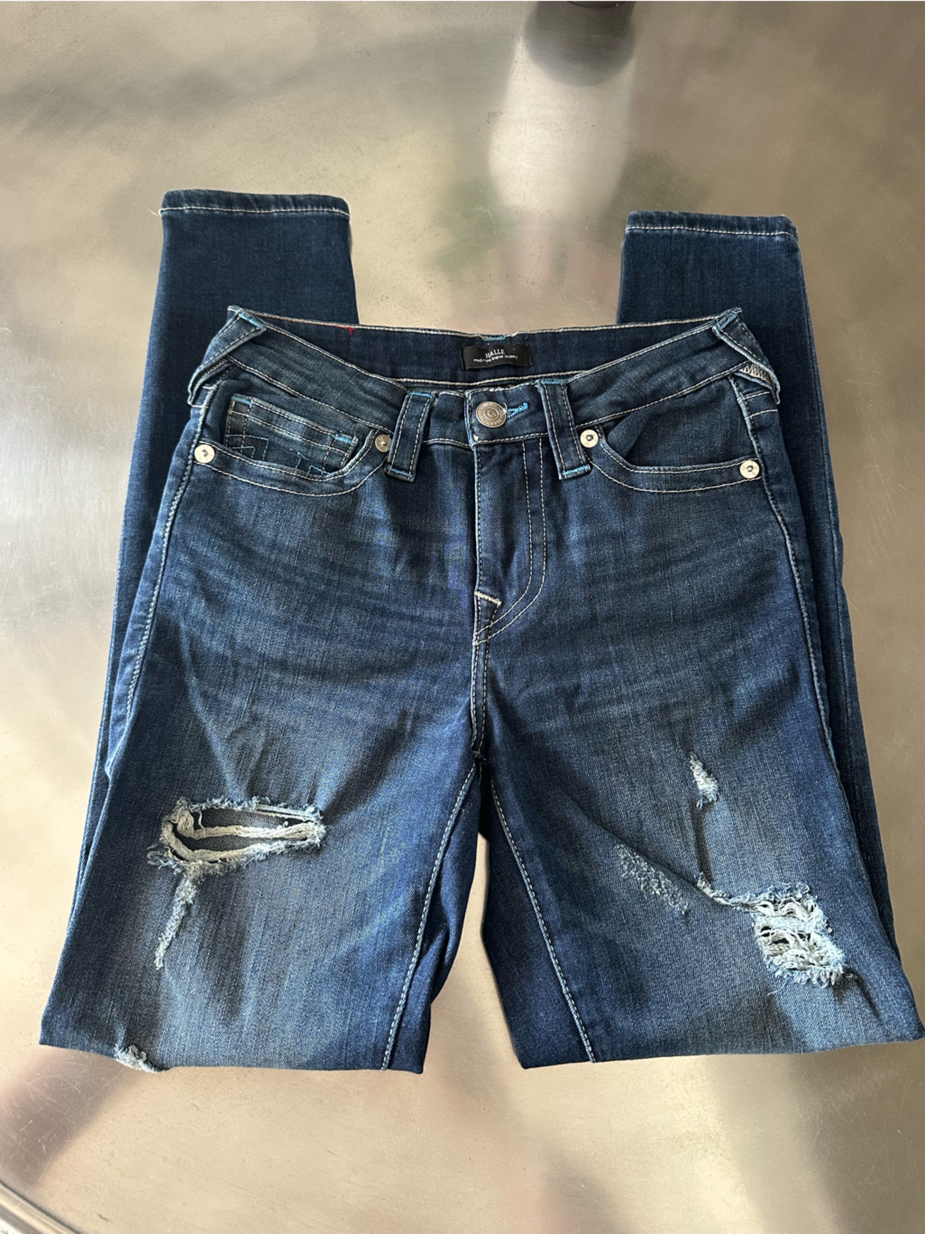 True Religion Halle Jeans, Distressed Dark Blue Wash, Size 27